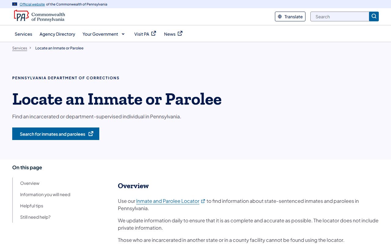Pennsylvania DOC locate service for Warren County inmate population searches